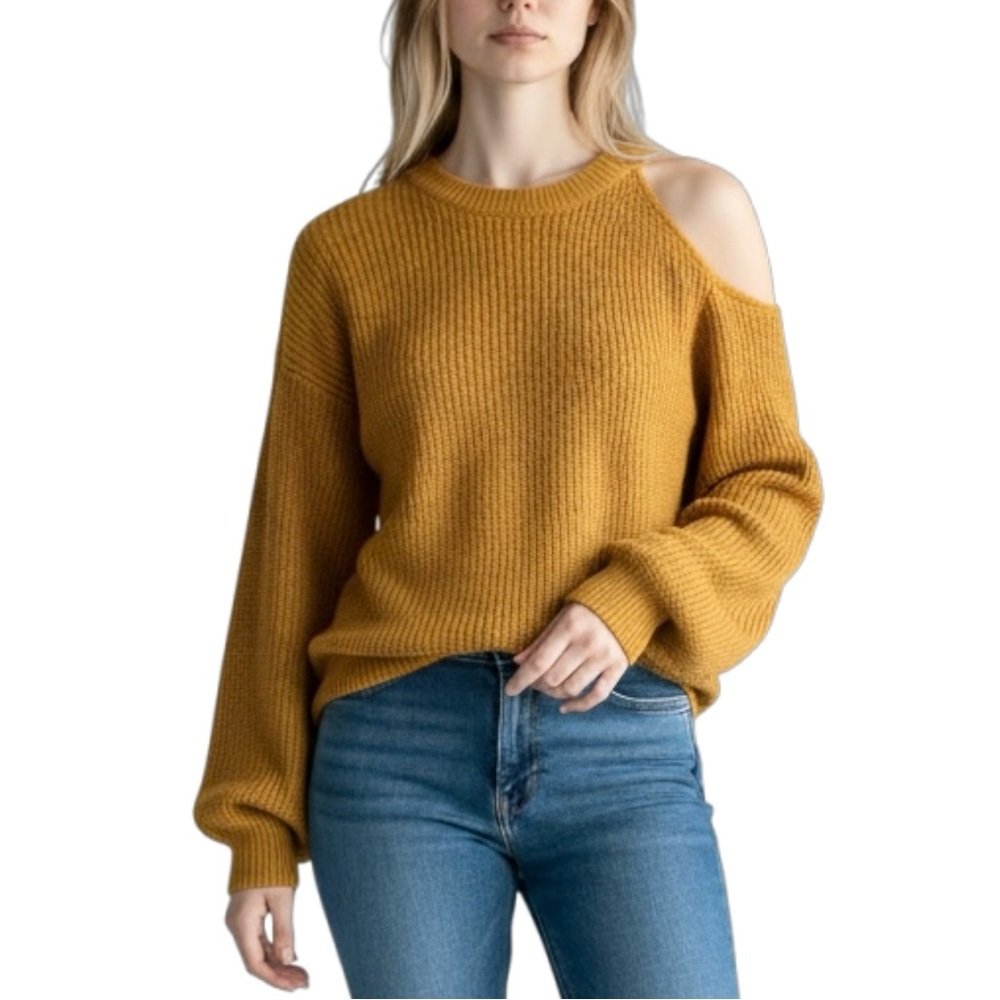 VIGOSS Sweater Size Large Cold Shoulder Cutout Mustard Gold Pullover Cable Knit